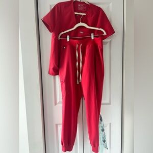 FIGS Limited Edition Red V-Neck Scrub Jogger Set